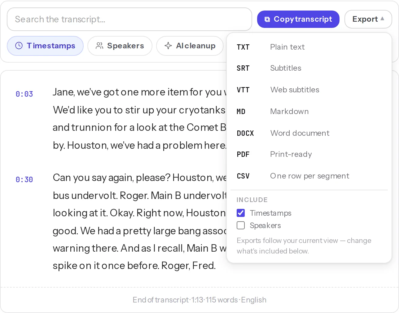 JustTranscribe export menu showing TXT, SRT, VTT, CSV, Markdown, PDF and DOCX