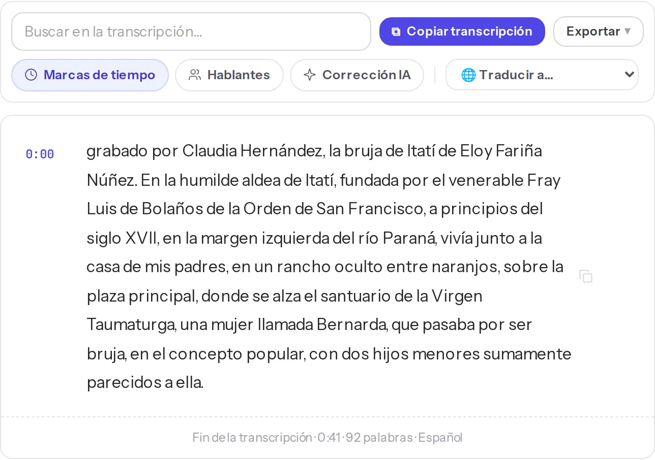 Transcripción en español con marcas de tiempo dentro de JustTranscribe, con la barra de búsqueda, copiar y exportar