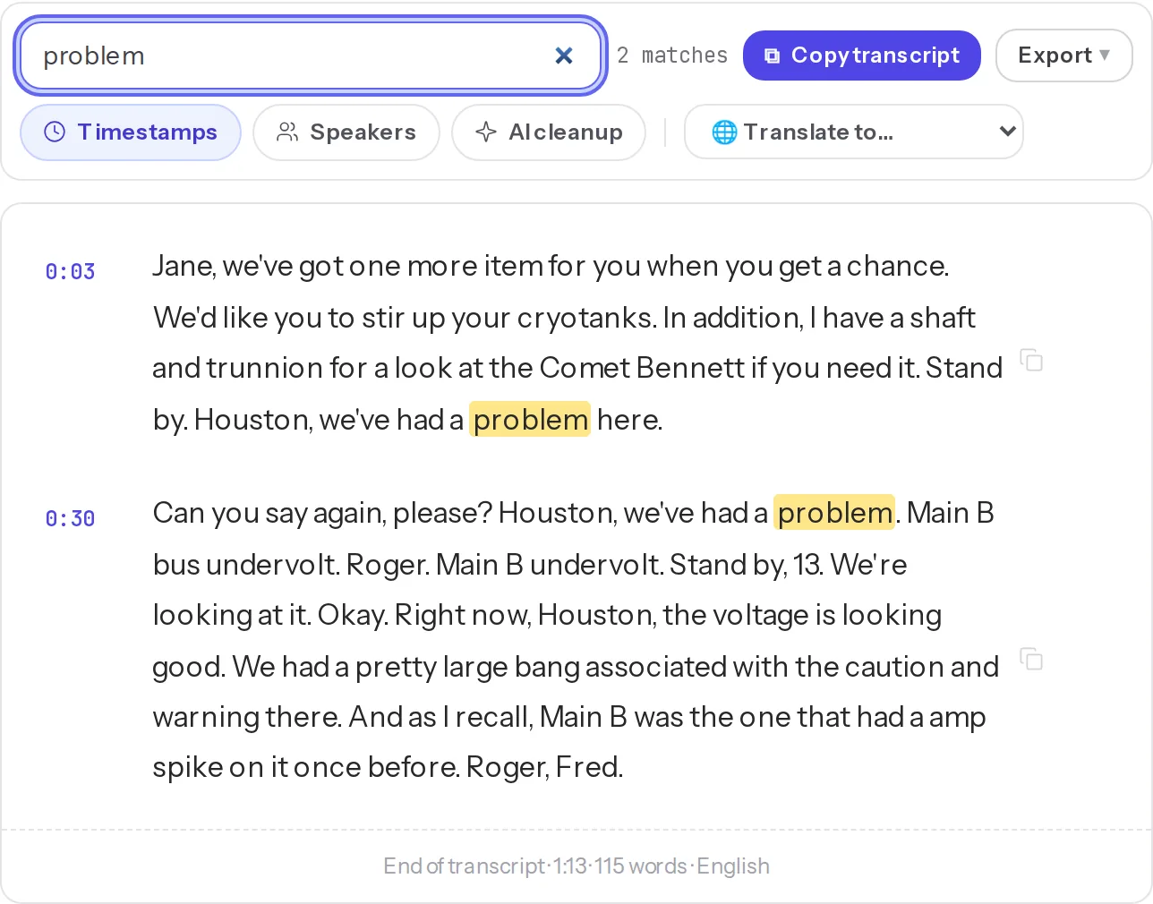 Searching inside a transcript in JustTranscribe, with matches highlighted and a match count