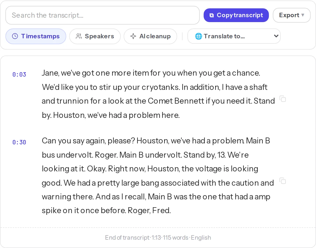 An MP3 transcribed in JustTranscribe: paragraphs with timestamps, plus search, copy and export controls